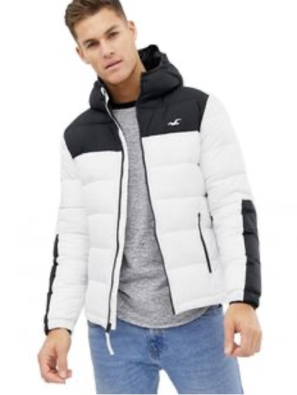 Hollister Hooded Colorblock Puffer Jacket - Black & White Size M